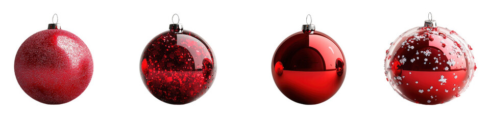 Poster - Three red and white glass ornaments hanging on a christmas tree branch for holiday decoration isolated on a white background