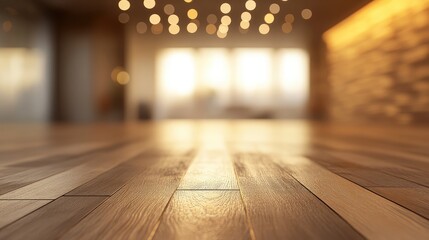 Poster - blurred wooden floor with warm light bokeh background and soft reflections showcasing interior desig
