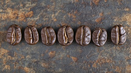Poster - Coffee beans arranged in a straight line on a textured surface with copy space for text.