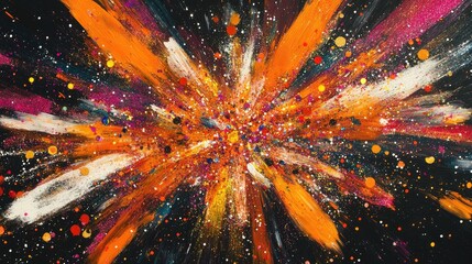 Fototapete - Abstract explosion of vibrant colors in orange, pink, white, and yellow on a black background with Copy Space for text placement.