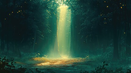 Poster - Serene waterfall cascading through a dense forest illuminated by magical light and fireflies with ample copy space for text placement