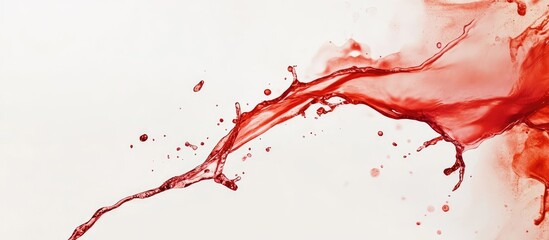 Poster - Red liquid splash with droplets on a white background featuring ample copy space for text insertion