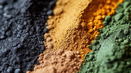 Poster - Colorful powdered pigments arranged in stripes with a smooth texture and vibrant hues of black, yellow, orange, and green Copy Space