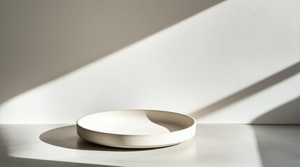 Poster - Ceramic plate on a minimalist background with dramatic shadows and soft lighting Copy Space