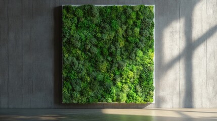 Poster - Vertical green moss wall art installation on a concrete wall with soft natural lighting and visible copy space.