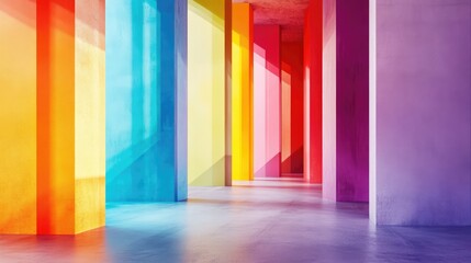 Fototapete - Colorful abstract interior space with vibrant walls casting shadows and reflections on the floor Copy Space