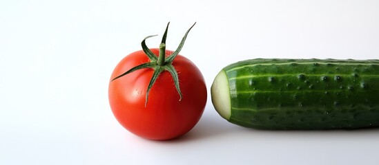 Poster - Fresh tomato and cucumber on white background with copy space for food-related text or graphics