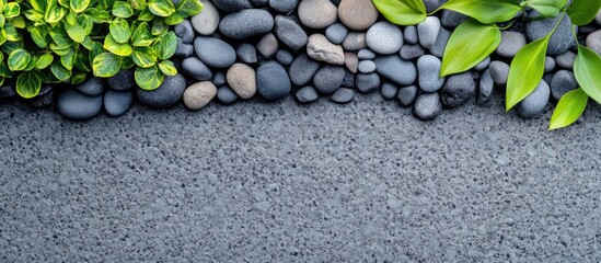 Poster - Nature background with pebbles and green leaves on gray sand textured surface with copy space for text