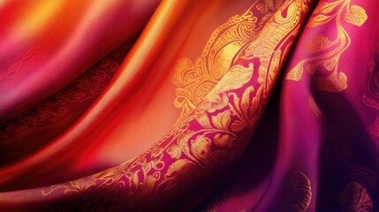 Poster - Vibrant satin fabric with intricate gold floral patterns and rich gradient colors of orange and purple featuring ample Copy Space