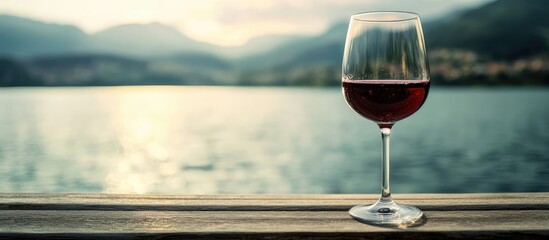 Poster - Red wine glass on wooden railing with blurred mountain lake background and soft evening light Copy Space
