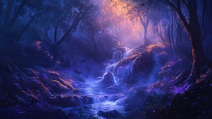 Poster - Mysterious forest landscape with soft glowing light and a flowing waterfall surrounded by lush vegetation and rocks at dusk Copy Space