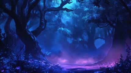 Poster - Mysterious forest landscape with dark trees and ethereal blue-purple lighting mist Copy Space