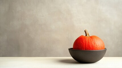 Poster - pumpkin in a black bowl on a light table with gray background and copy space
