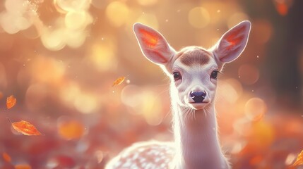 Poster - Baby deer with soft fur and large ears in a blurred autumn background with leaves, gentle sunlight filtering through trees, Copy Space available