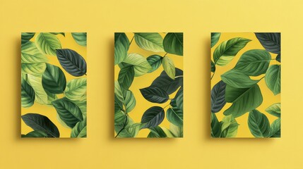 Poster - Set of three botanical wall art prints featuring green leaves on a vibrant yellow background with copy space for text placement