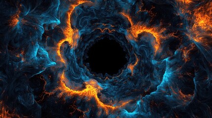 Fototapete - Abstract swirling vortex of blue and orange flames with a central black void creating a dynamic energy flow Copy Space