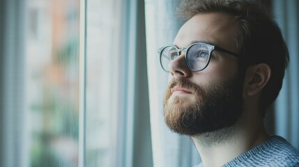 Poster - Contemplative man with glasses gazing out the window with soft natural light and curtains giving a calm domestic atmosphere Copy Space