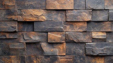 Poster - Textured slate stone wall with varying shades of grey and orange tones ideal for backgrounds or architecture-related designs Copy Space