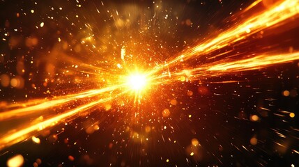 Poster - Dynamic explosion of golden sparks and light beams with glowing particles against a dark background Copy Space