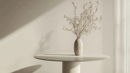 Poster - Minimalist interior scene featuring a simple round table with a vase of dried flowers against a light wall and soft natural light Copy Space