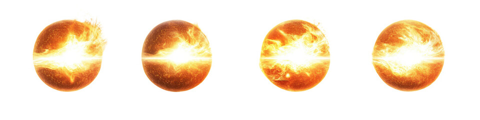 Poster - Three orange and yellow planets in a cosmic space environment with stars and nebulae in the background isolated on a white background