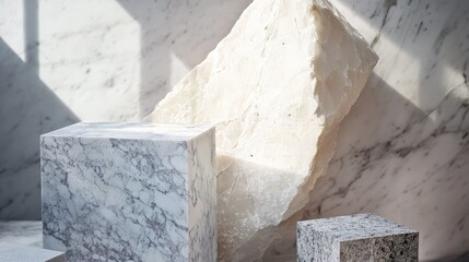 Poster - Textured marble blocks in various sizes and shapes showcasing natural patterns and lighting against a neutral background with Copy Space.