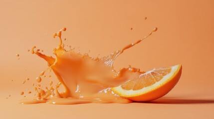 Poster - Fresh orange slice with juice splash on vibrant orange background Copy Space