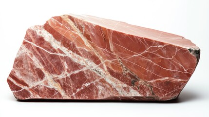 Poster - Large piece of pink marbled stone with white veins on a clean white background showcasing natural mineral texture and geometry Copy Space