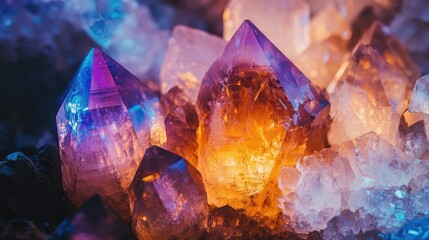 Poster - Colorful amethyst quartz crystals with orange and blue hues in a natural mineral formation on a dark background Copy Space
