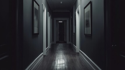 Poster - Dark hallway interior with wooden floor and framed pictures on walls, focused perspective leading to dimly lit door, Copy Space available.