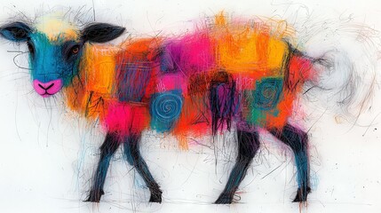 Wall Mural -   A painting of a multicolored sheep with various nose colors including pink and black