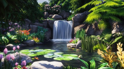 Poster - lush tropical garden with waterfall flowing into pond surrounded by vibrant plants and flowers copy 