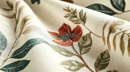 Aufkleber - Floral patterned fabric with detailed red and green botanical illustrations on a cream background showcasing texture and design Copy Space