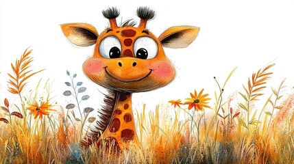 Wall Mural -   A giraffe stands amidst tall grasses with daisies in the foreground, painted masterfully