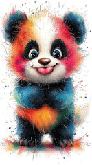   Panda bear with vibrant splatters on its face and chest, set against a white backdrop