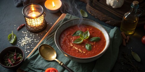 Canvas Print - Warm Bowl of Tomato Soup with Fresh Basil - Night Photography