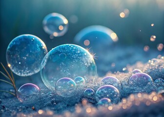 Wall Mural - Whimsical Blue Bubble Backdrop with Sparkling Circles: Macro Photography Stock Photo