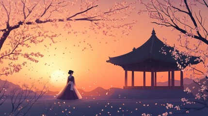 Poster - Cherry blossom sunset with a traditional figure near a pagoda in a serene landscape. Generative AI