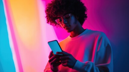 Aufkleber - Young person using a smartphone in a brightly lit room with vibrant colorful lights at night. Generative AI