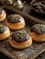 Poster - Delicious chocolate glazed donuts topped with pistachios arranged on an ornate silver plate. Generative AI