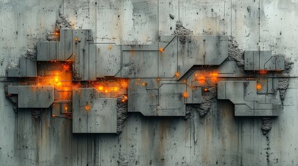 Futuristic abstract technology background with glowing orange circuitry on industrial concrete surface