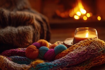Aufkleber - Cozy evening with yarn and candlelight by the fireplace during winter season. Generative AI
