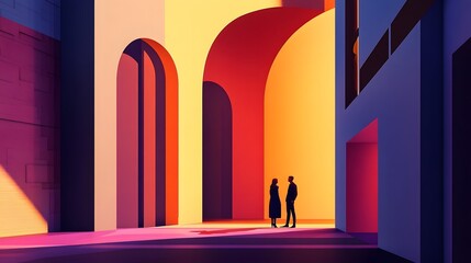 Poster - Two silhouettes engaged in conversation in an abstract urban setting vivid colors artistic perspective