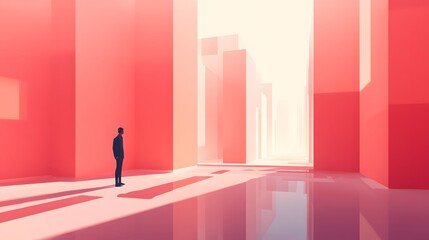 Poster - Exploring abstract spaces a man contemplates in a minimalist red environment digital art surreal landscape perspective