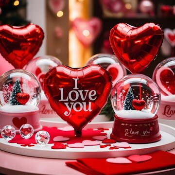 Red Hearts balloon and center `` I love You'' candle background 