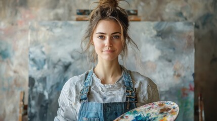 Poster - Amidst a backdrop of abstract creations, a focused painter stands confidently. Clad in worn overalls, she clutches her colorful palette, ready to bring her artistic vision to life