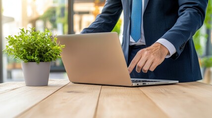 Poster - A professional man typing on a laptop at a wooden table with a small potted plant, in a bright and modern office setting.