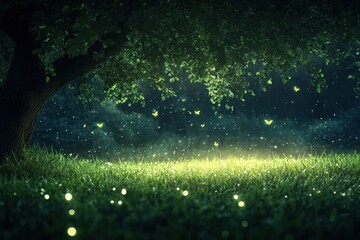 Wall Mural - Enchanting Night Scene with Butterflies and Glowing Grass