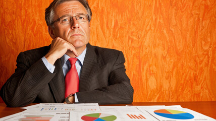 Poster - A businessman analyzes charts and graphs while deep in thought, reflecting on financial data against a vibrant orange background.