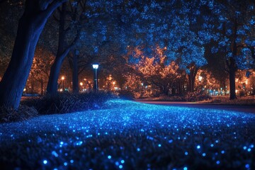 Canvas Print - Night Park Scene Illuminated With Blue Lights